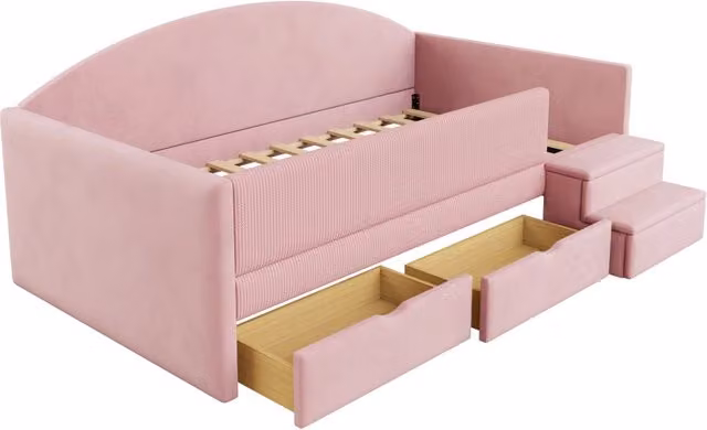 Letto per bambini moderno in velluto rosa con 2 cassetti, dimensioni 90 x 190 cm