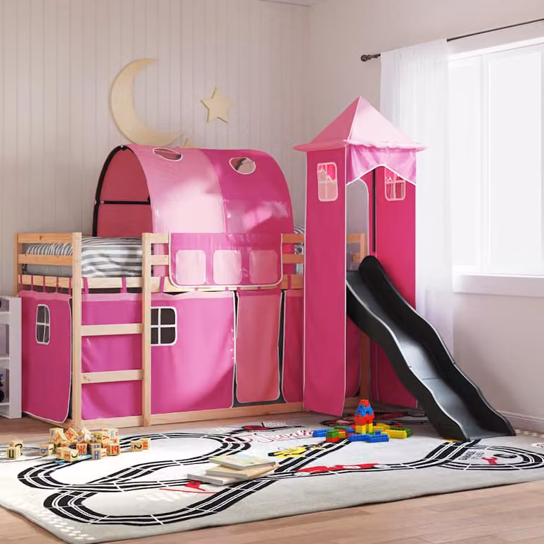 Letto a castello con scivolo e tende vidaXL in legno di pino rosa e antracite 80x200 cm