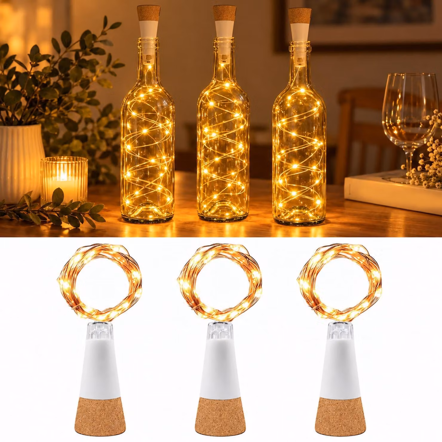 Catena luminosa a LED con tappi di sughero, ricaricabile tramite USB, 20 luci, set da 3