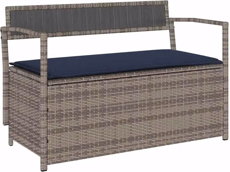 Panca Portaoggetti da Giardino con Cuscino Grigio in Polyrattan