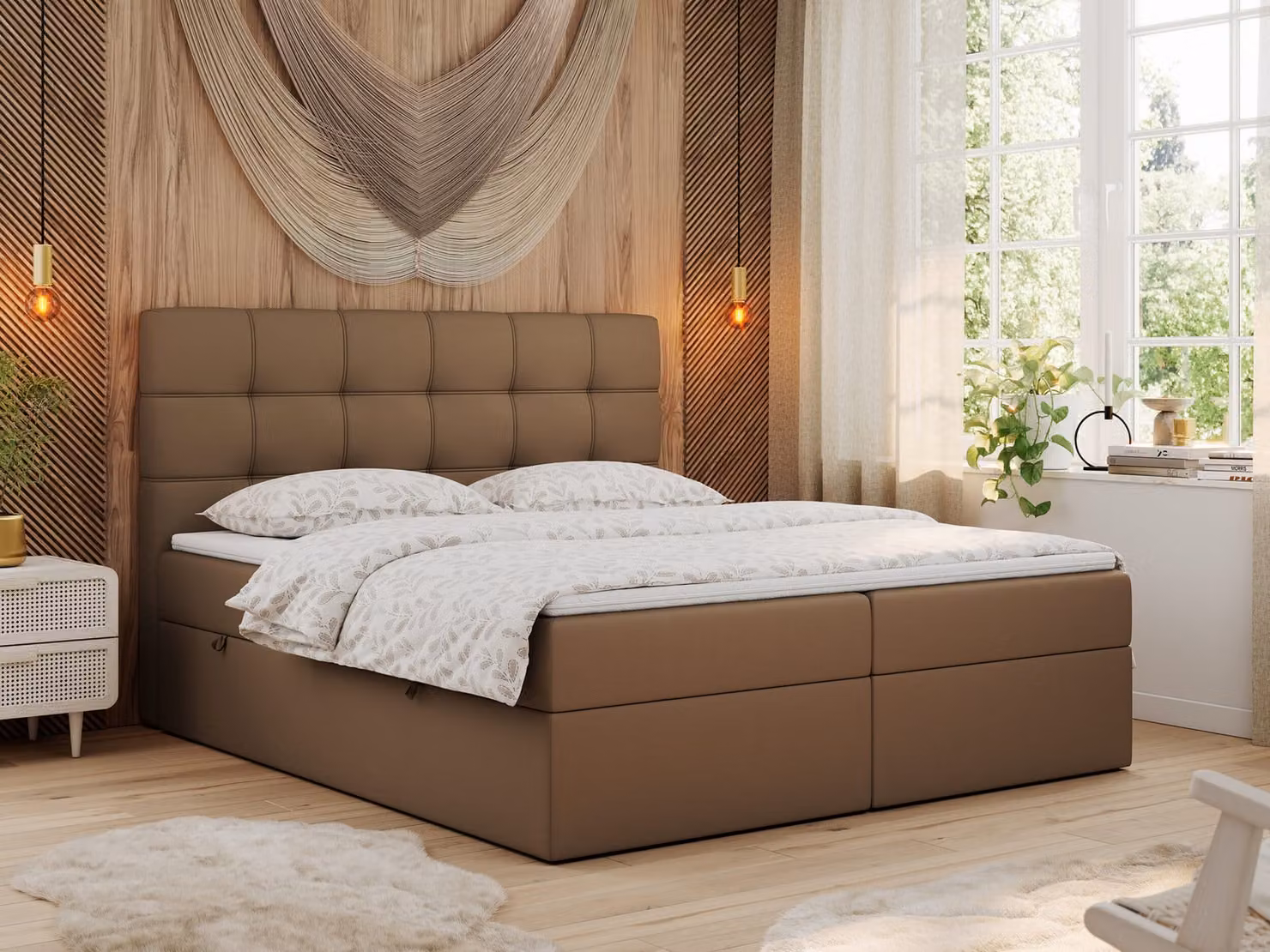 Letto boxspring MKS MEBLE 180x200 con materasso, letto con materasso Multipocket H4 e topper, letto imbottito 180x200 con contenitore e testiera, ERNI - ecopelle marrone
