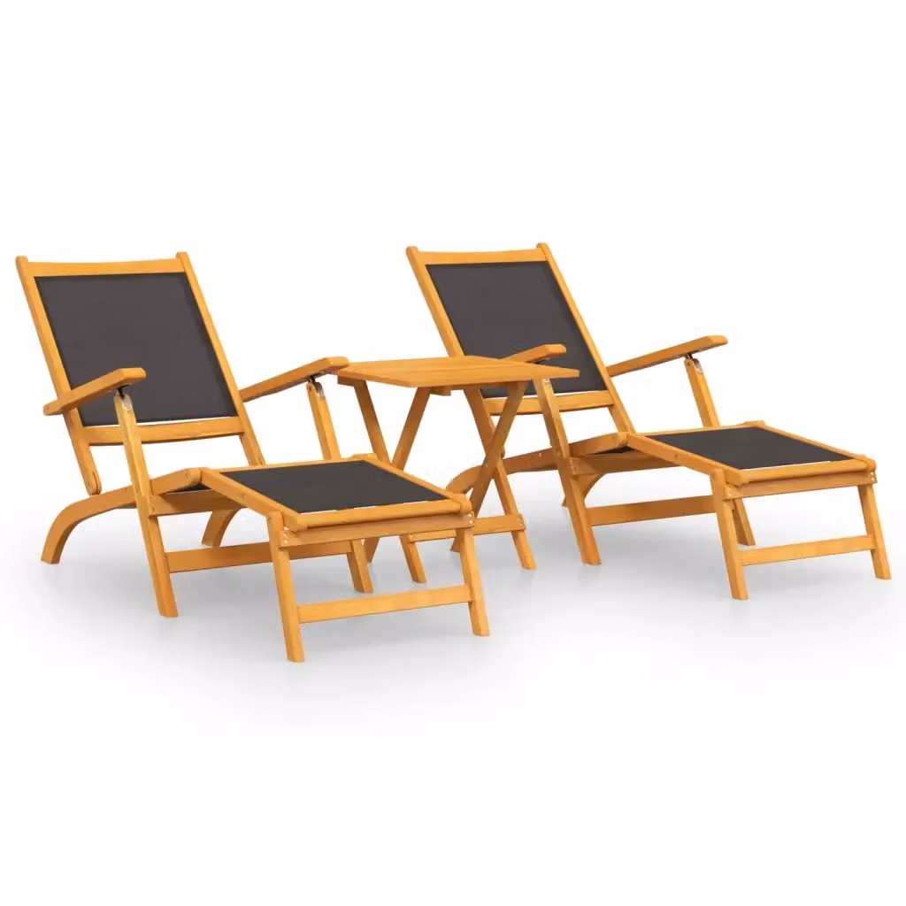 Set di 3 sedie a sdraio con tavolo vidaXL in legno di acacia oliato e textilene nero per giardino e terrazzo – 2