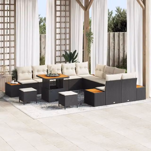 Set Divano da Giardino Moderno vidaXL in Rattan e Legno di Acacia, 13 Posti, Nero e Beige – 1