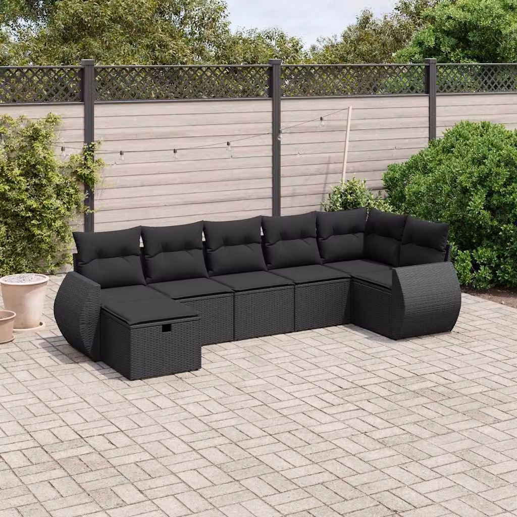 vidaXL Set Divano da Giardino a L con 7 Cuscini Nero in Polyrattan e Acciaio – 1