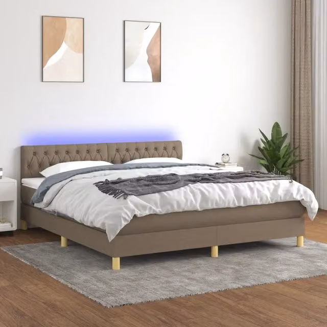 Letto a molle con materasso ibrido vidaXL con illuminazione LED e porta USB, tessuto beige e bianco, L/P: 180 x 200 cm