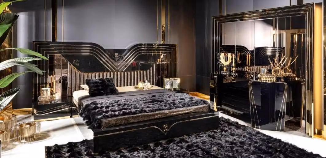 Set da camera da letto elegante nero con letto matrimoniale, comodini e cassettiera