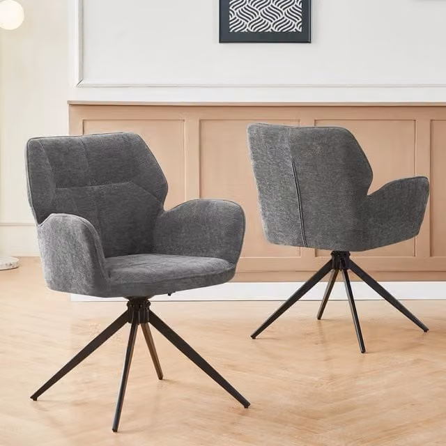 Set di 2 sedie da pranzo girevoli FOLYNA in ciniglia grigio scuro con gambe in metallo nero opaco