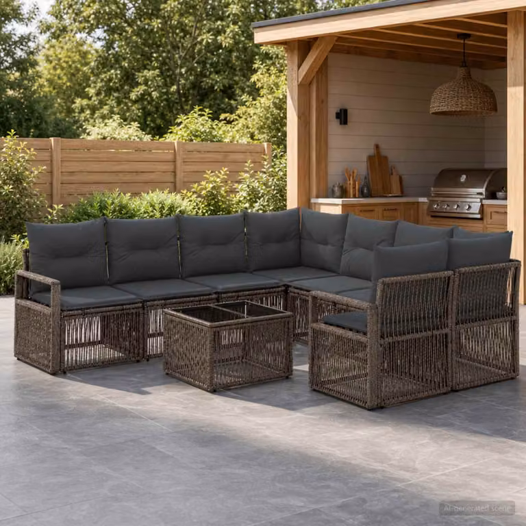 Set Divano da Giardino vidaXL 9 pz Grigio con Poltroncine, Elementi Angolari, Tavolino e Cuscini in Polyrattan e Metallo