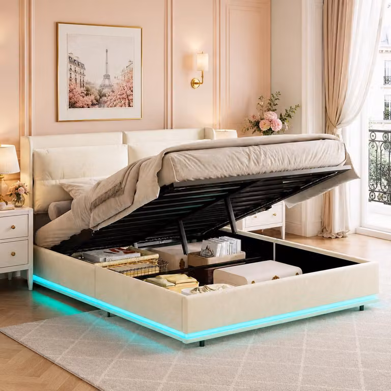 Letto imbottito INONEFT, 160x200 cm, con contenitore e rete a doghe, letto a molle con LED, porta USB di tipo C e ricarica wireless, letto matrimoniale con spazio contenitivo, rivestito in velluto color beige