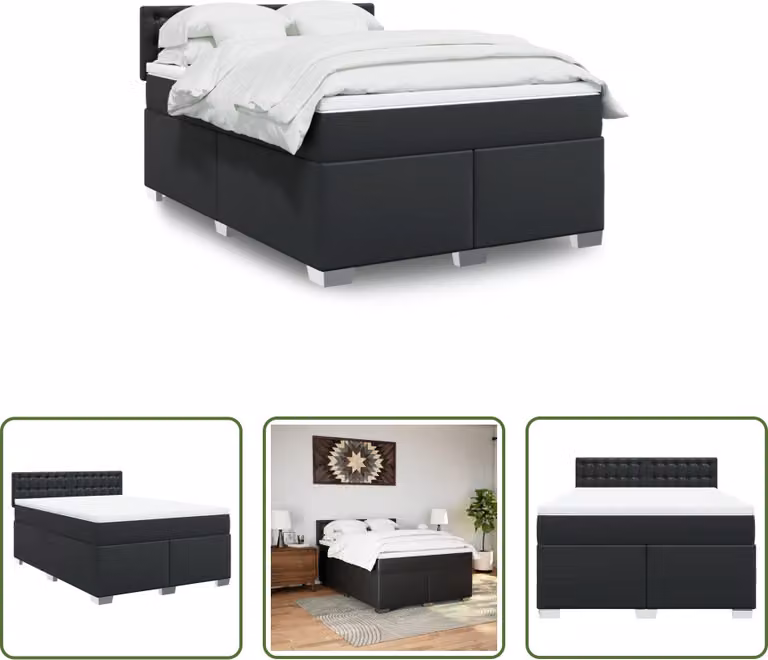 The Living Store Letto a molle con materasso nero 140x200 cm in Pelle finta