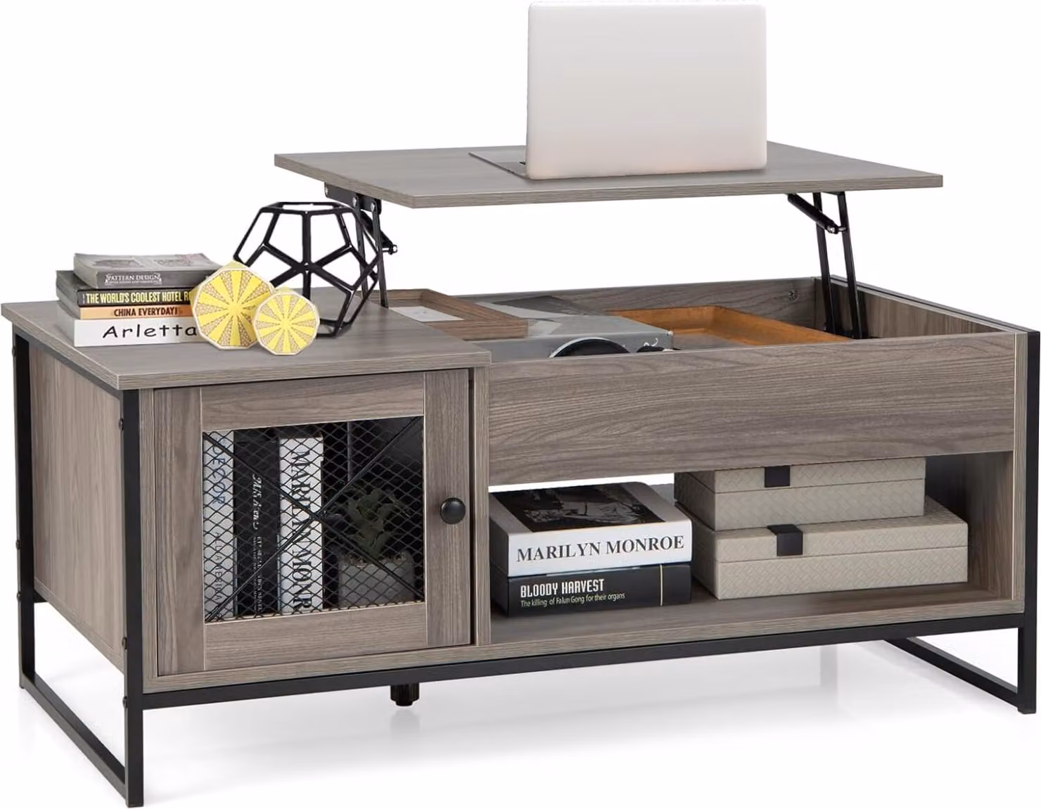 Tavolino da salotto con piano regolabile in altezza, tavolino allungabile con vano portaoggetti nascosto, tavolino da divano con 2 ante, tavolino multifunzionale in legno naturale 106x55x44 cm