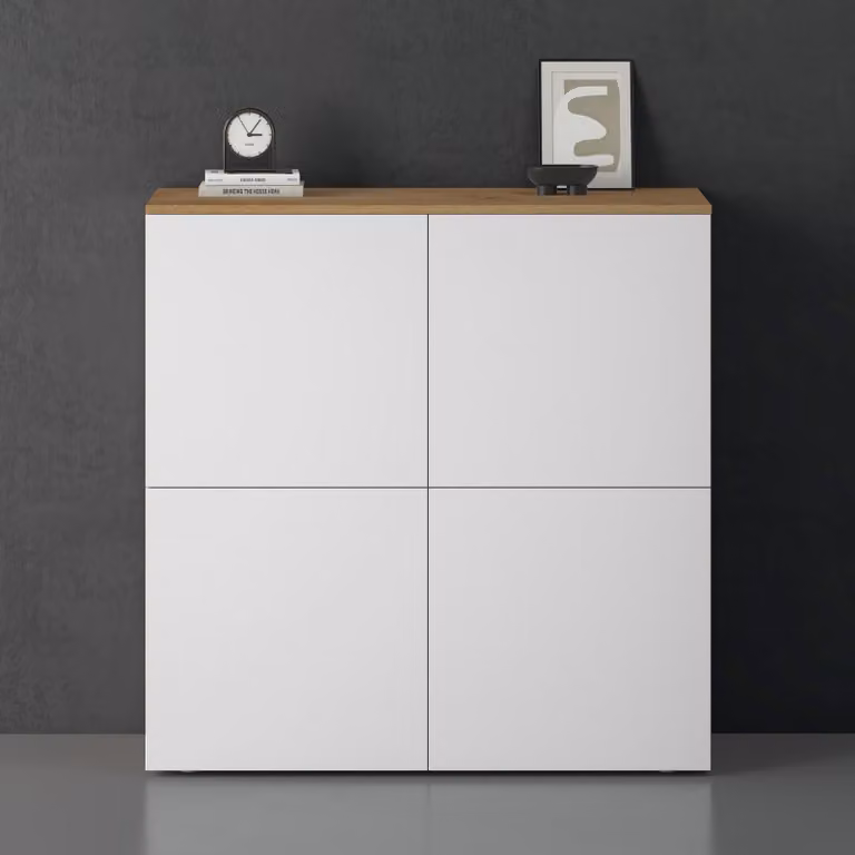doporro Mobile Organizzatore Credenza Buffet in Legno con 4 Ante Push-to-Open e Soft-Close per Soggiorno, Sala da Pranzo o Ingresso, 100x36,4x100 cm Marrone chiaro e Bianco opaco Schrank04