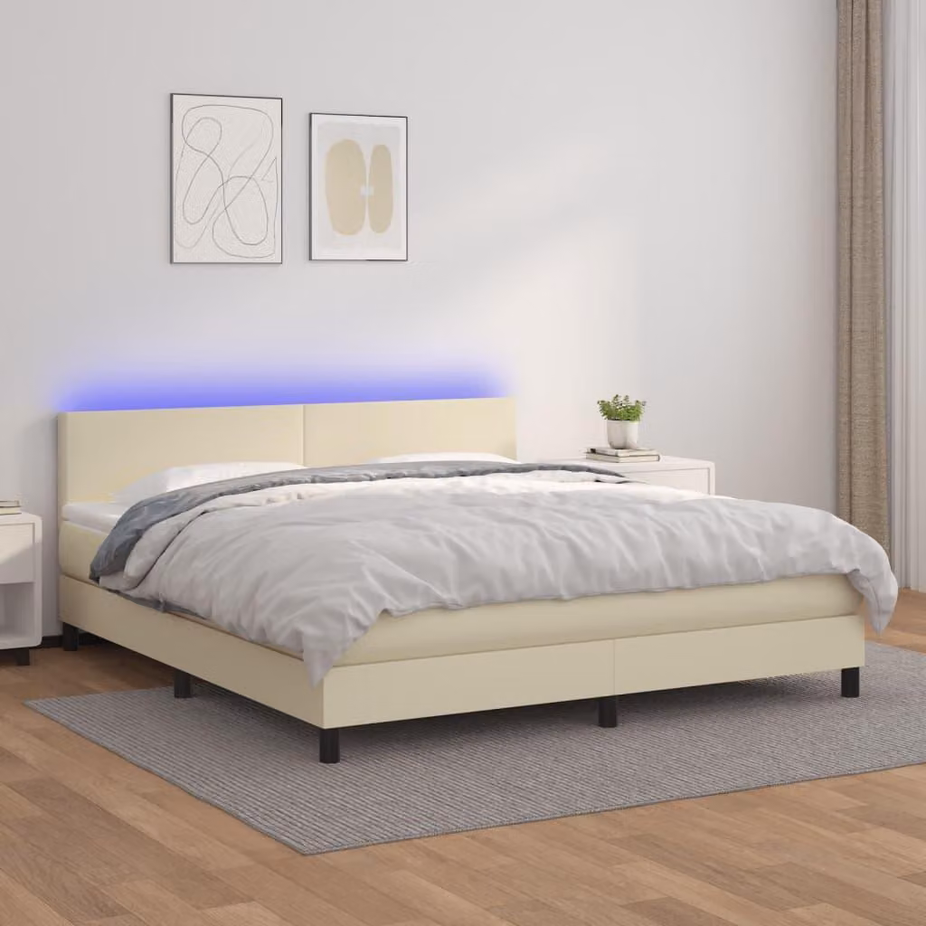 Maison Exclusive - Letto boxspring con materasso e illuminazione a LED color crema, 160x200 cm, in ecopelle