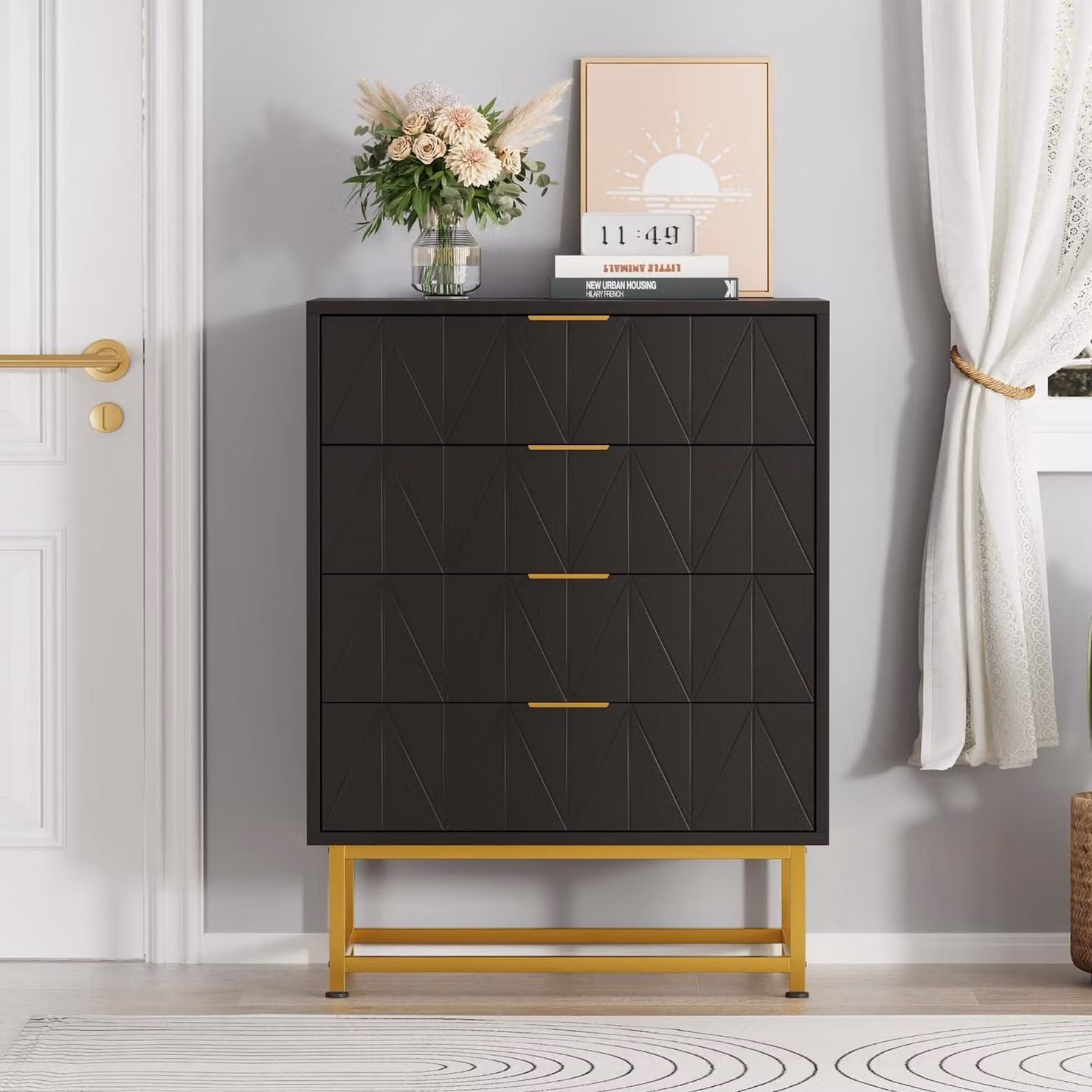 Mobile contenitore a 4 cassetti, colore nero, dimensioni 60x40x80 cm, realizzato in legno composito