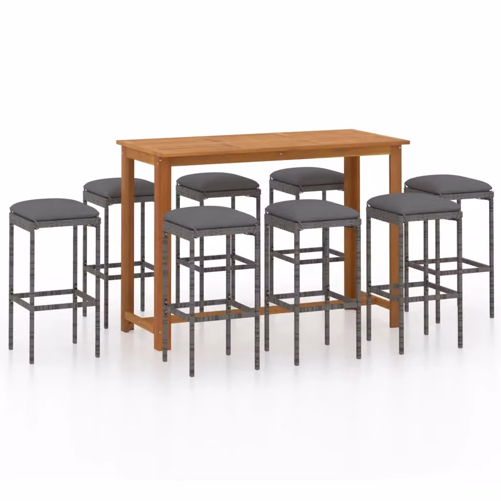 Set da Bar da Giardino vidaXL 9 pz in Polyrattan e Legno di Acacia con Cuscini Grigio Antracite e Marrone – 2