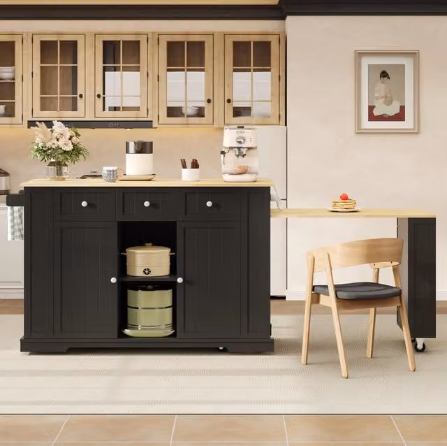 Isola cucina mobile con tavolo estraibile e barre, ripiani regolabili, 7 ruote, 138 (213) x 55 x 93 cm