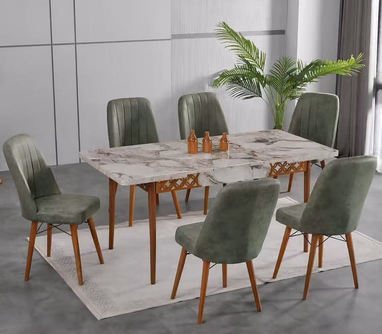 Tavoli da pranzo, set da pranzo, sedie, forma rettangolare, marmo, bianco, grigio
