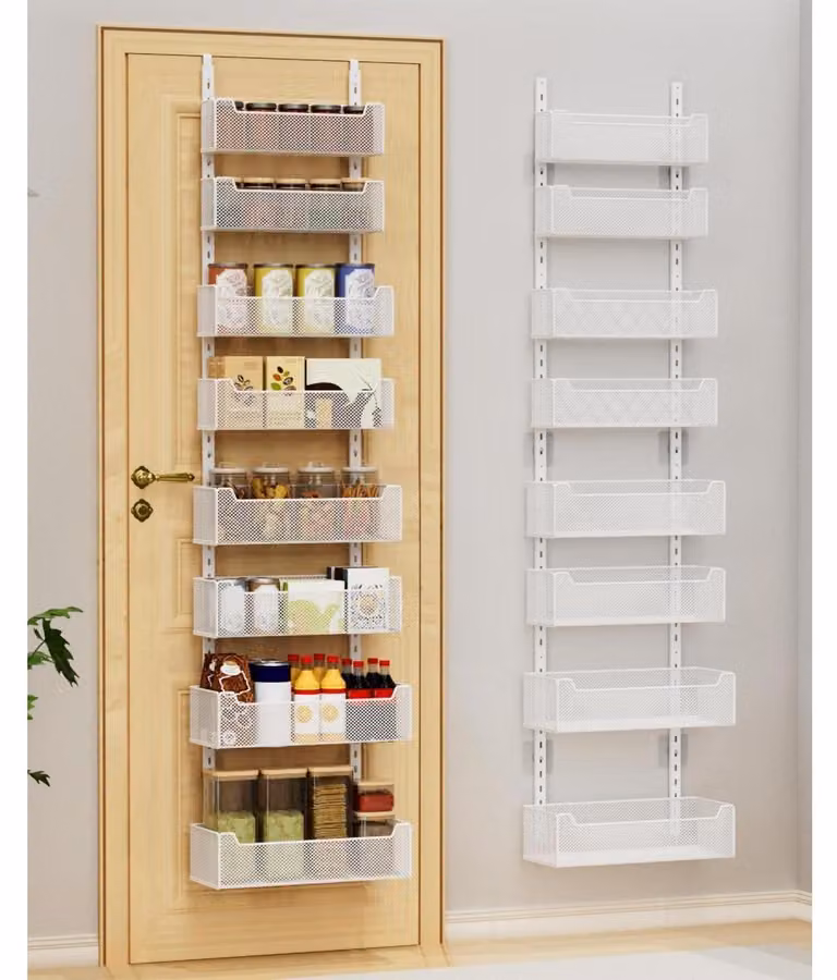 Organizzatore per porta in metallo con 5 cesti regolabili e ganci per abiti, dimensioni 164 x 34,5 x 13,7 cm, colore bianco