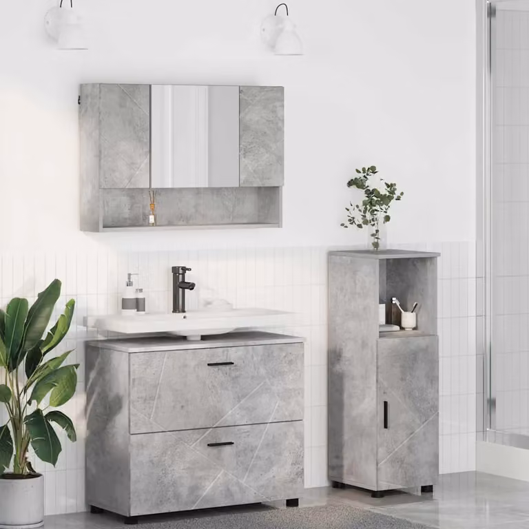 Set di mobili per il bagno moderno vidaXL composto da mobile lavabo, armadietto con specchio e colonna alta in grigio e nero