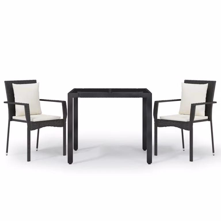 Set da Pranzo da Giardino 3 pz con Cuscini Nero in Polyrattan