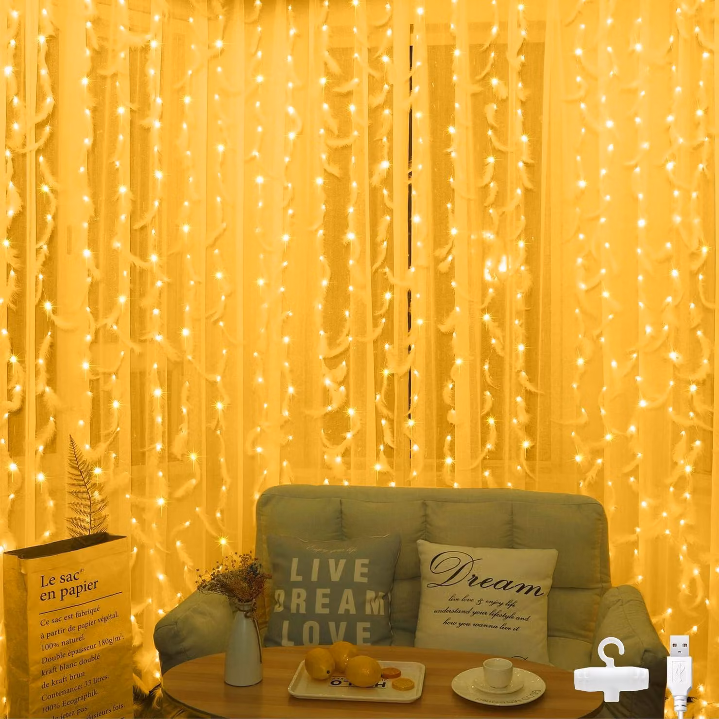 Tenda luminosa a LED, dimensioni 2x1 metro, 100 LED bianco caldo, alimentazione USB, grado di protezione IP44
