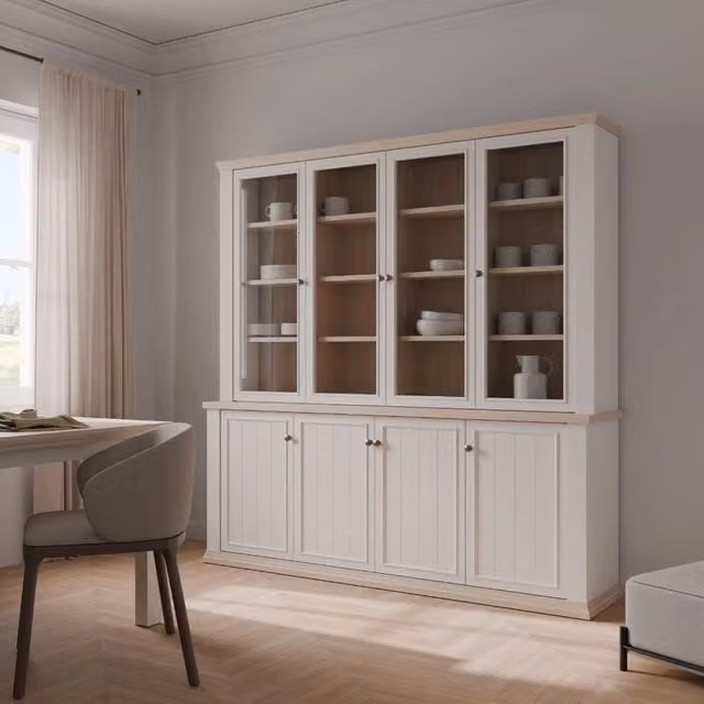 Vetrina Essenza TEZETA in stile classico con 4 ante in vetro, colore bianco e rovere, H: 202,1 cm x L: 198,5 cm x P: 43,3 cm – 1