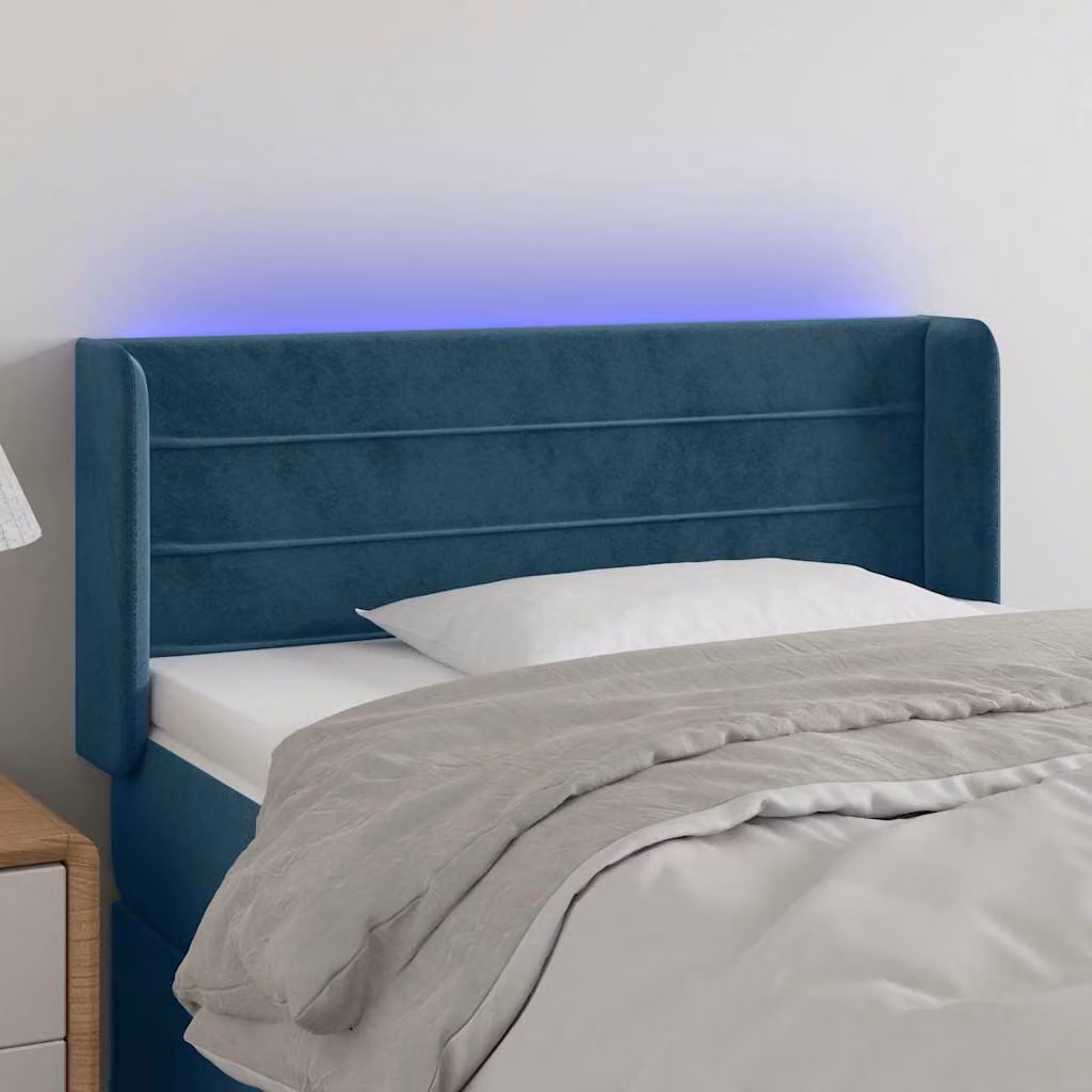 Testiera per letto vidaXL in velluto blu scuro con illuminazione LED e porta di ricarica USB, L 93 cm, P 16 cm, H 78-88 cm