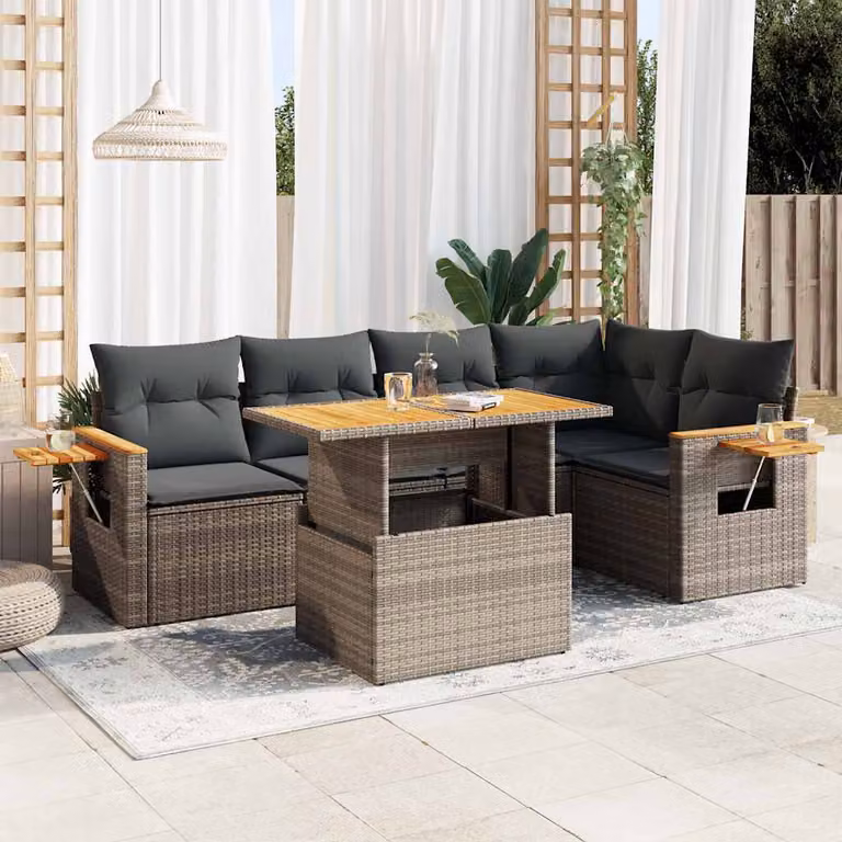 Set Divano da Giardino a L vidaXL in Polyrattan e Legno di Acacia Grigio con 6 Cuscini e Tavolino da Caffè