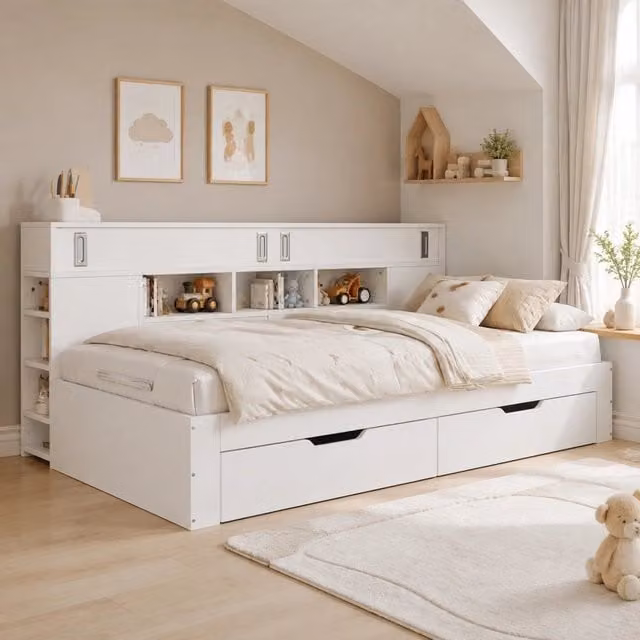 Letto contenitore REDOM in MDF bianco con cassetti L/P: 140 x 200 cm