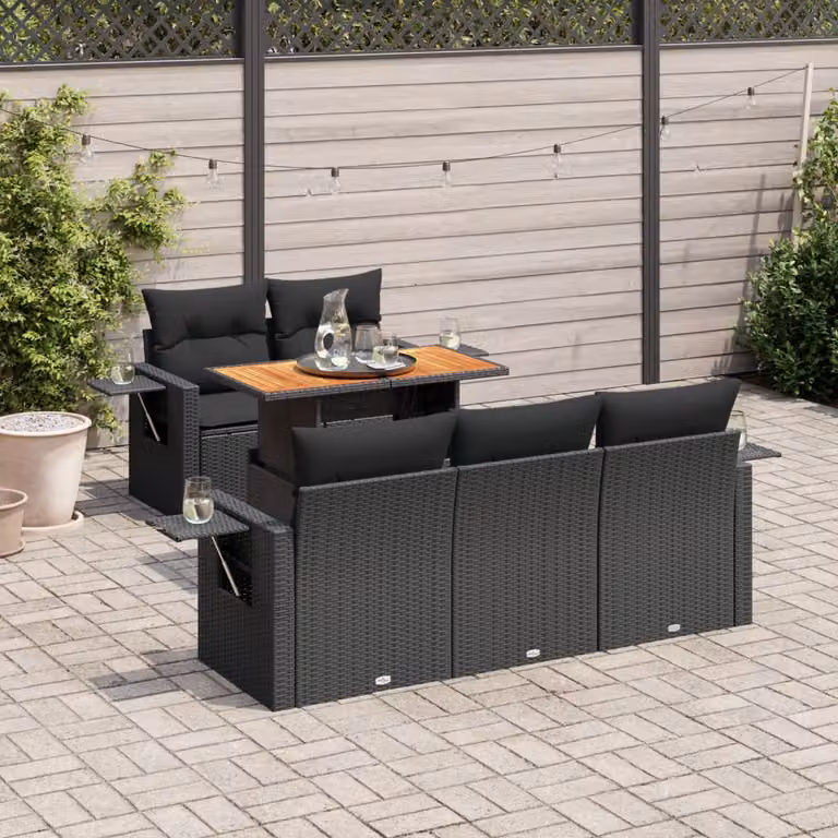 Set Divano da Giardino vidaXL in Polyrattan Nero con Cuscini e Tavolino da Esterno a Forma di L