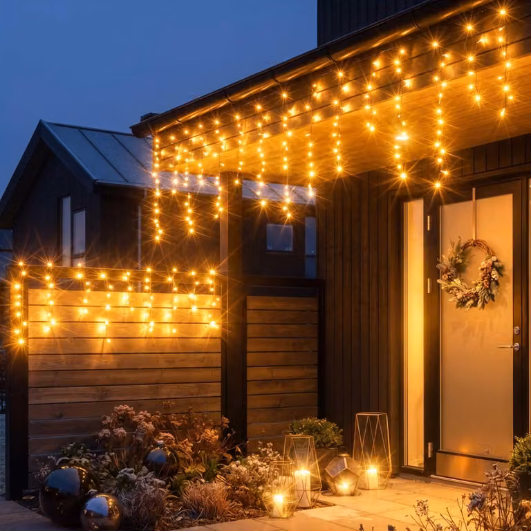 Tenda luminosa a forma di cristalli di ghiaccio, luce bianca calda, per uso esterno, con spina - 256 LED / 3,75 m - Catena luminosa a forma di stalattiti, con 16 fili luminosi, espandibile