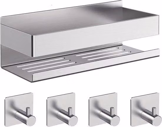 Ripiano da doccia in acciaio inossidabile 304 rinforzato, autoadesivo, con 4 ganci, per bagno e cucina.
