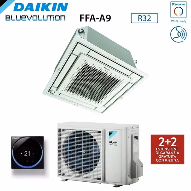 Climatizzatore Condizionatore Daikin a Cassetta Fully Flat 21000 BTU FFA60A9 + RZAG60A R-32 con Comando a Filo e Griglia Inclusi, Classe Energetica A++, Colore Bianco e Argento