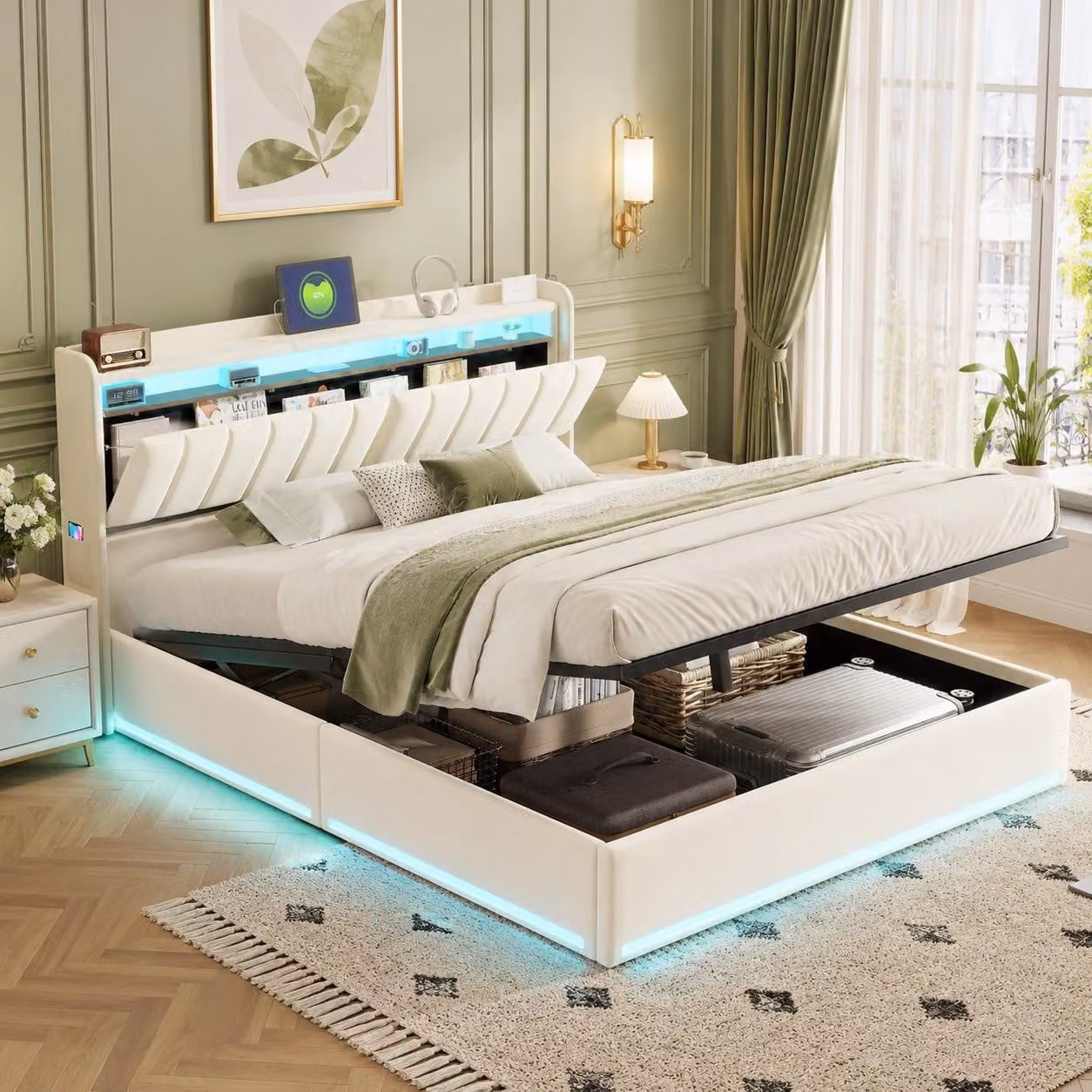 Letto imbottito INONEFT 160x200 cm con sistema di sollevamento idraulico e spazio contenitore, letto a molle con LED e porta USB di tipo C, letto matrimoniale per giovani con rete a doghe e contenitore, rivestito in velluto color beige
