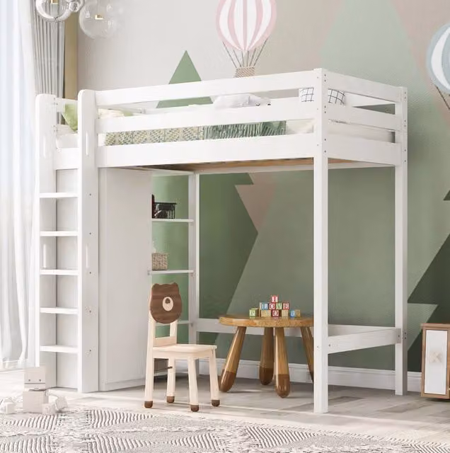 Letto a soppalco per bambini 90x200 cm con armadio e 4 ripiani; bianco