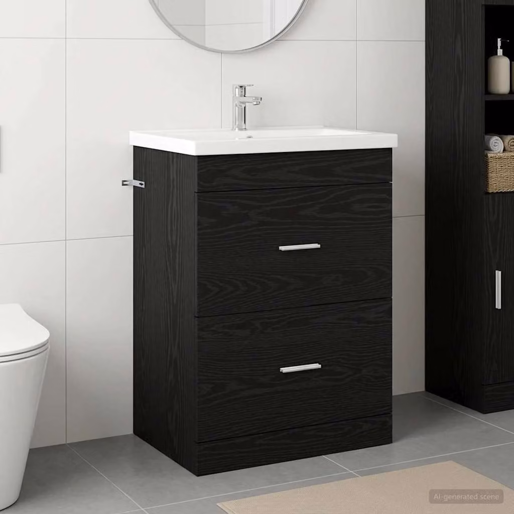 Mobiletto da bagno sottolavabo vidaXL in legno Rovere Nero con cassetti e ante, L: 56 cm, P: 37,5 cm, H: 81 cm