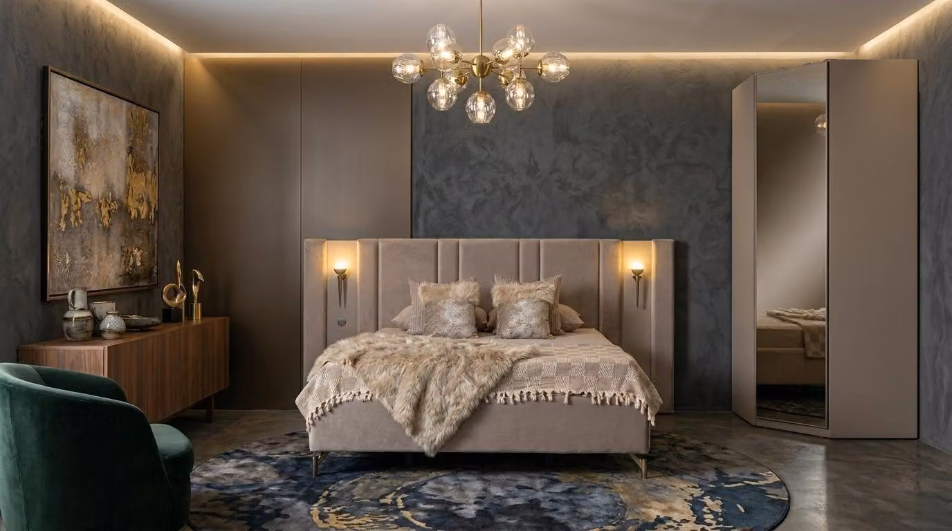 Armadio a muro per camera da letto, stile moderno, colore beige, design morbido e confortevole