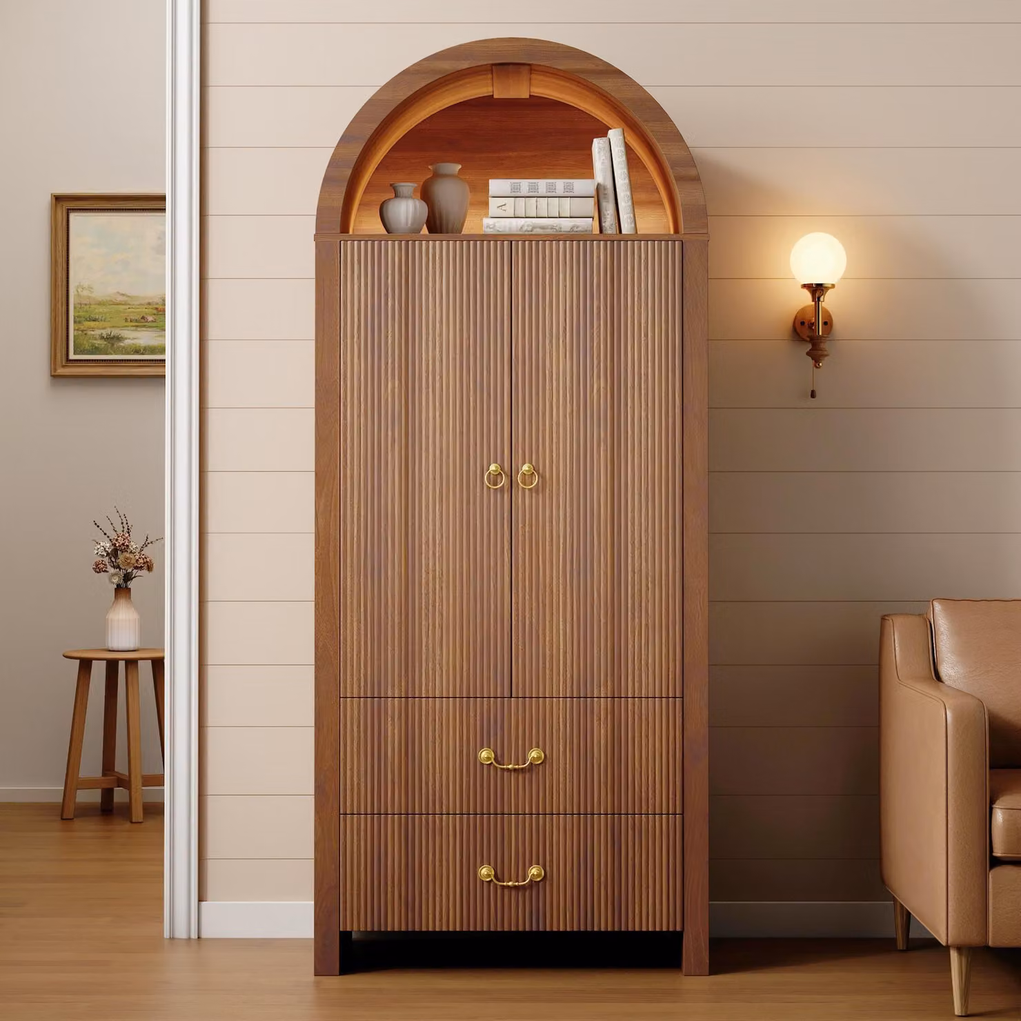 Armadio alto owish con frontale a coste e forma ad arco, luci LED dimmerabili controllabili tramite app, 2 ante e cassetti, maniglie in stile vintage, impiallacciatura di noce