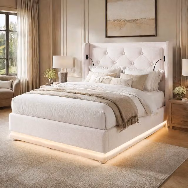 Letto singolo imbottito 90x200 cm in cotone beige con contenitore; USB Type-C e LED