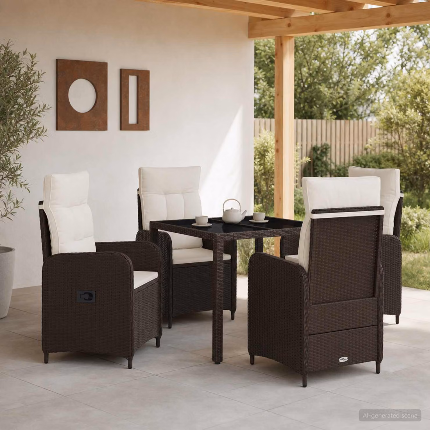 Set da pranzo per esterni vidaXL in polyrattan e vetro, 5 pezzi, Marrone e Bianco Crema