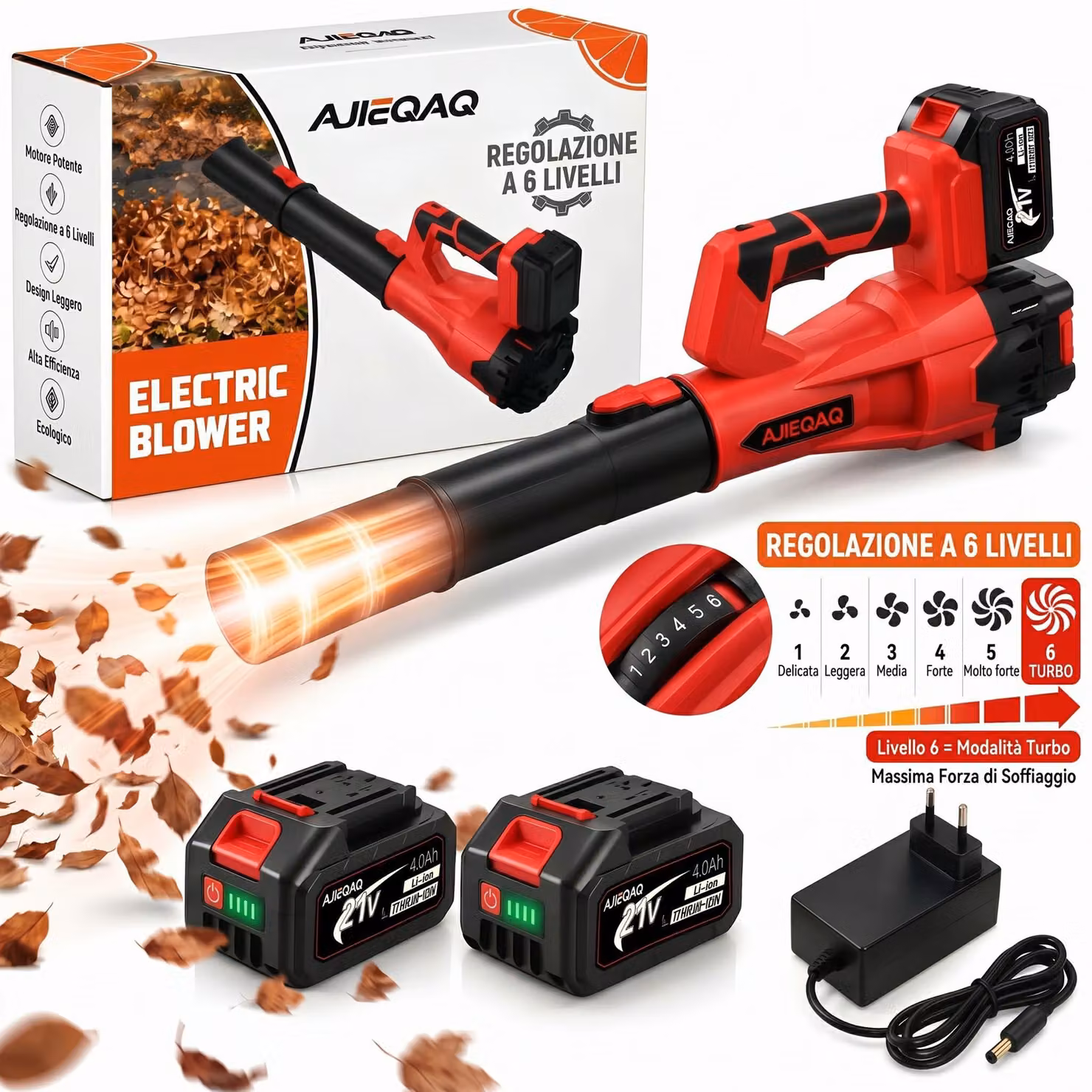 Soffiatore a Batteria 21V Brushless, 2×4,0Ah Batterie, 320 km/h, 6 Velocità con Turbo, 1000W, Soffiatore Senza Fili con 2 Tubi
