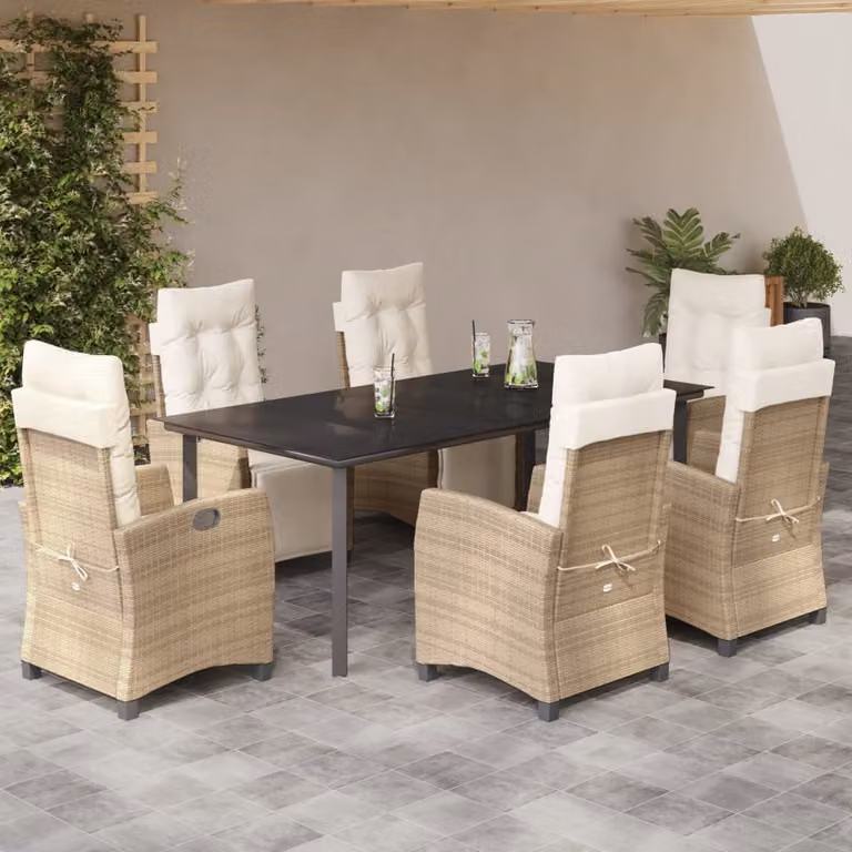 Set da Pranzo da Giardino vidaXL in Polyrattan con Cuscini Beige e Tavolo in Vetro, 7 Pezzi
