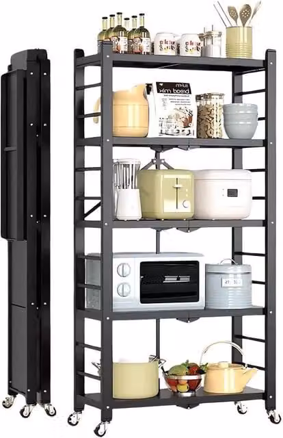 Trolley metallico pieghevole per cucina - 5 livelli - Comparto di stoccaggio per cucina - Risparmia spazio - Ruote - Nero - Nessuna installazione necessaria