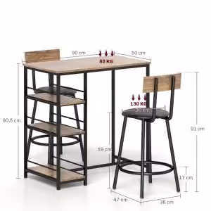 Set tavolo da bar OKWISH con 2 sgabelli salvaspazio, ripiani laterali e sedute in similpelle, in acciaio e MDF rovere, colore marrone – 2