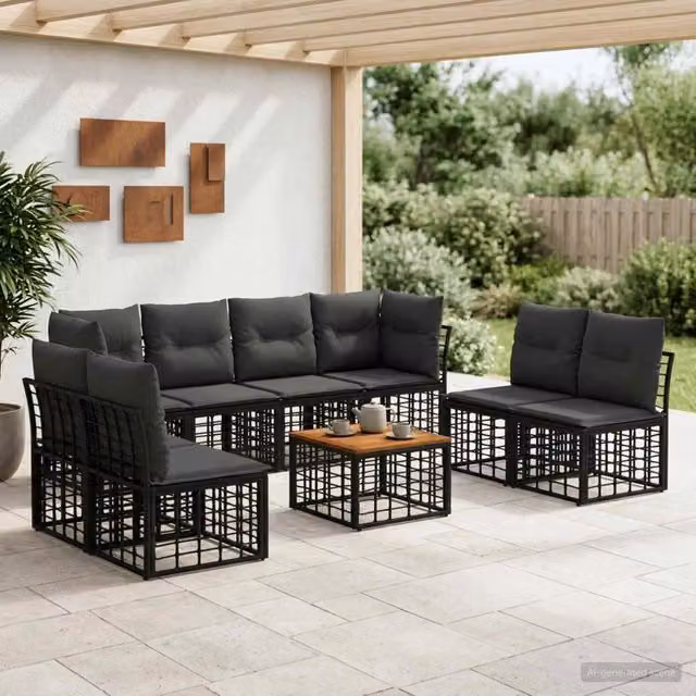 Set di divani da esterno 9 pz Nero e Grigio scuro Poliestere 3437439