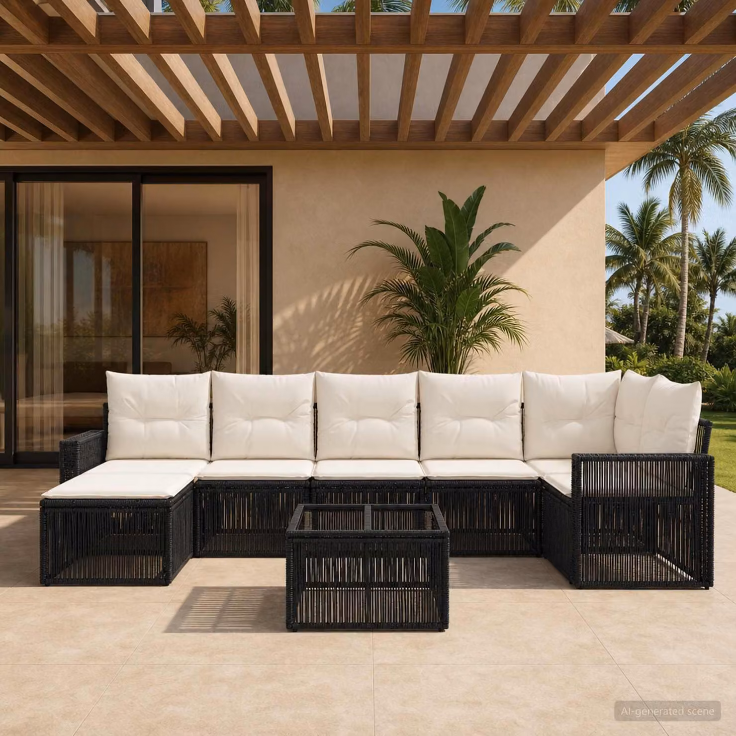 Maison Exclusive - Set da giardino composto da 8 pezzi. Divano da giardino in rattan sintetico, colore nero e crema