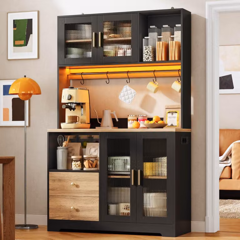 Armadio alto con presa USB a LED, scaffale per vino, mobile da cucina, vetrina, mobile buffet, angolo caffè, colore nero, aspetto legno, dimensioni 110x40x178 cm