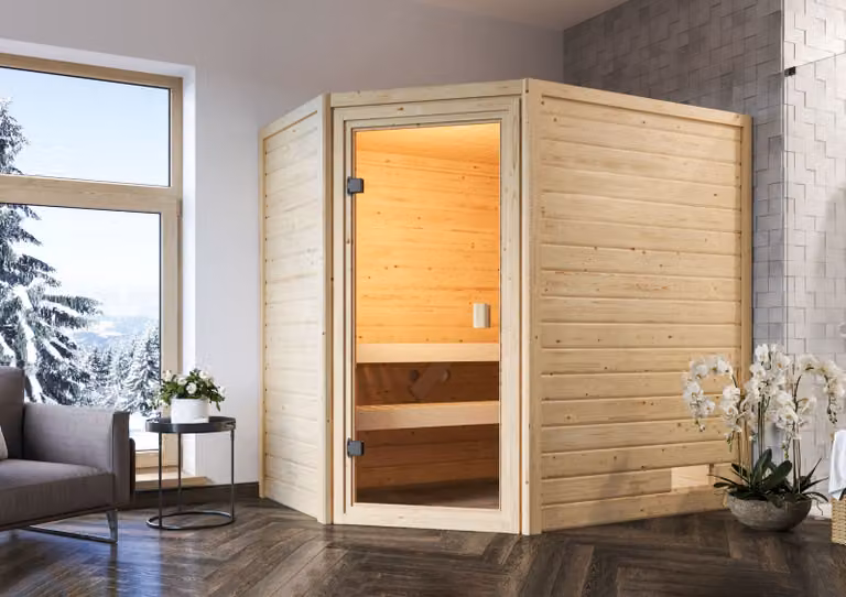 Sauna Woodfeeling Jella (ingresso angolare), porta interamente in vetro, finitura bronzo, stufa da 9 kW con comando esterno easy