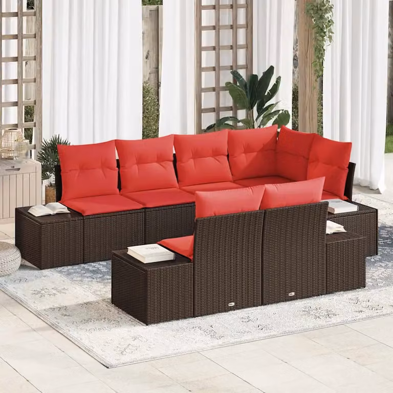 Set Divano da Giardino vidaXL 7 pz a forma di U in Polyrattan Marrone e Rosso con Cuscini e Struttura in Acciaio Verniciato a Polvere