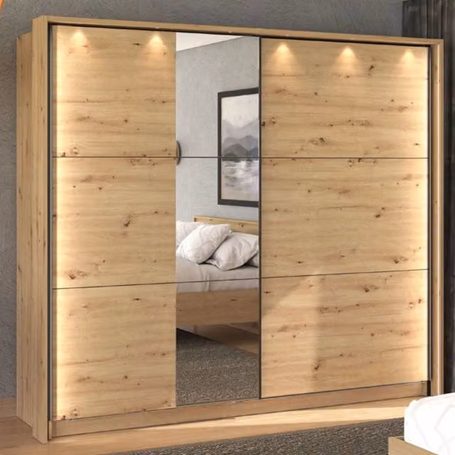 Armadio da camera da letto DMORA Sorgono con ante scorrevoli e illuminazione LED, Marrone Rovere, L: 236.5 cm, H: 210 cm